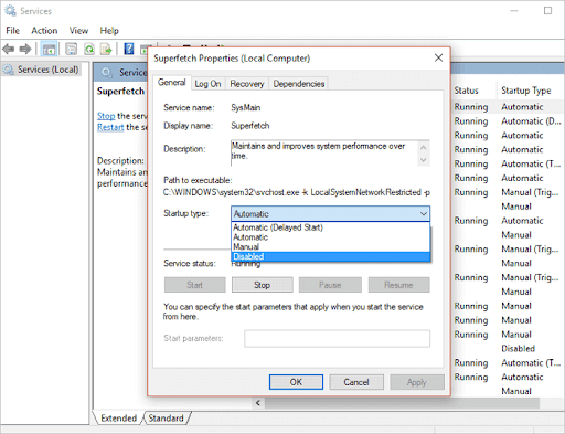 disable superfetch in windows service