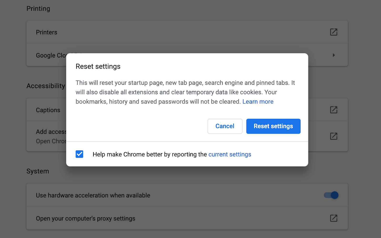 reset settings